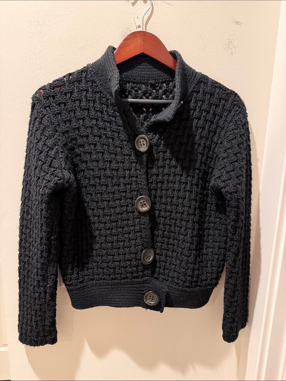 MaxMara wool Black Chunky Textured Big Button-Front Knit Cardigan Lady Jacket M